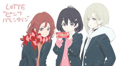 Três meninas usando um uniforme escolar comum no Japão. A do meio está segurando uma barra de chocolate.