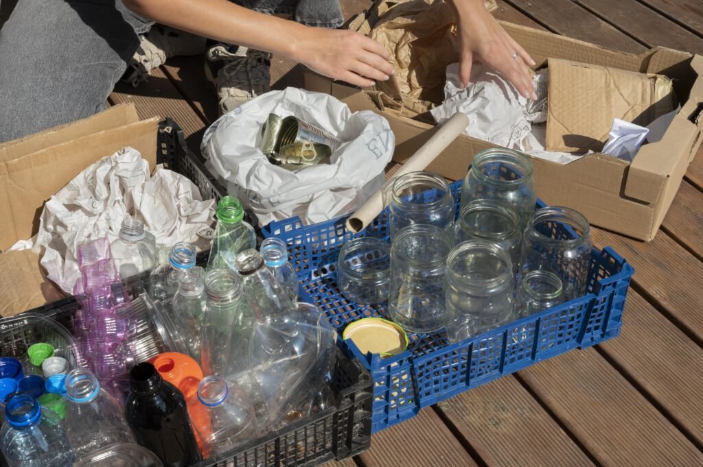  pessoa separando o lixo para a reutilização. No lixo incluem garrafas pets, potes de vidro e papelão.