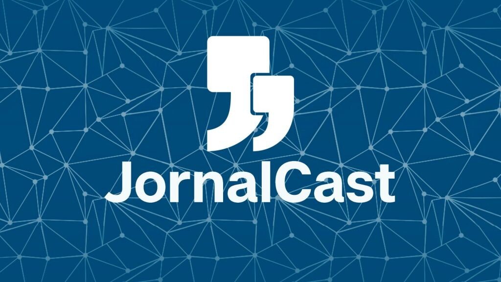 Banner do JornalCast com o logotipo da Jornal Júnior. O logotipo consiste em duas aspas de tamanhos diferentes sobrepostas.